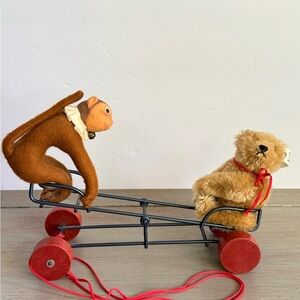Steiff Limited Edition Museum Collection Pull Toy Monkey & Teddy Bear Cart 1992